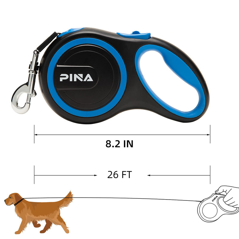 PINA Retractable Dog Leash, 26ft Dog Leash for Small Medium Large Dogs Up to 110lbs, 360° Tangle-Free Strong Reflective Nylon Tape, with Anti-Slip Handle, One-Handed Brake, Pause, Lock Black Blue - BeesActive Australia