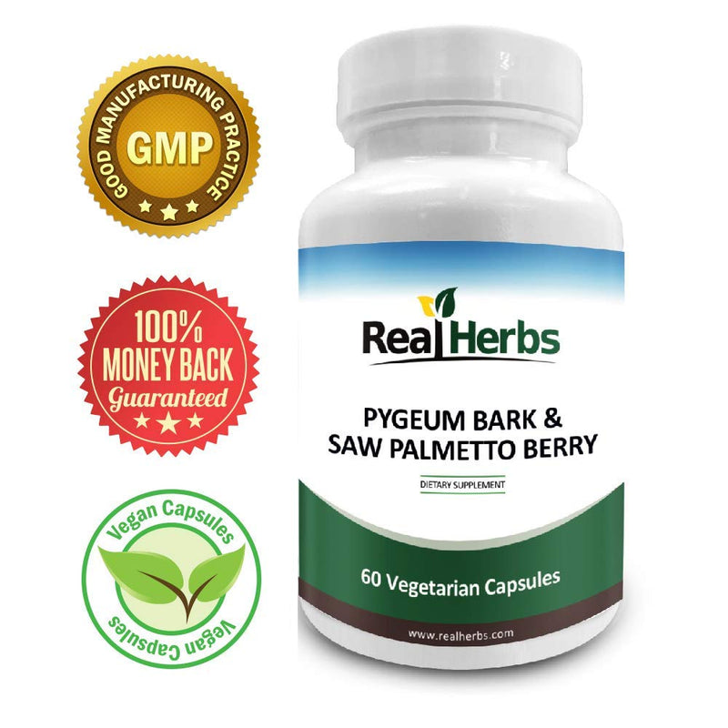 Real Herbs Pygeum Bark Pure 4:1 Extract 350mg and Saw Palmetto Berry 4:1 Extract 350mg - 700mg - Promotes Prostate Health, Supports Urinary Tract - 60 Vegetarian Capsules - BeesActive Australia