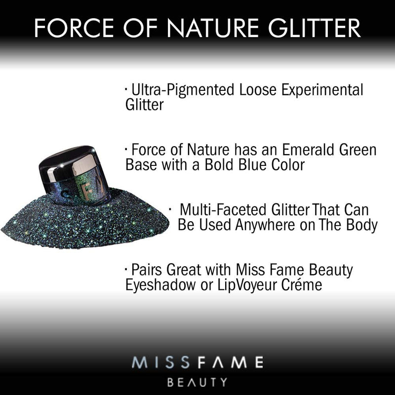 Miss Fame Loose Glitter for Lips, Face & Body - Iridescent Blue w/ Emerald Green Base - Dramatic Holographic Makeup | Perfect for Women, Men, Makeup Artists & Drag Enthusiasts (Force of Nature) Force of Nature - BeesActive Australia