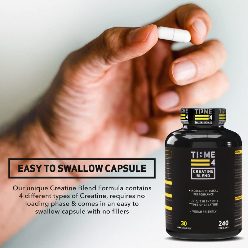 Time 4 Creatine Blend - 240 Creatine Capsules Not Creatine Tablets, 30 Day Supply, Unique Blend Of 4 Types Of Creatine, 6000mg Per Daily Serving Improve Muscle Strength Vegan Friendly & Gluten Free - BeesActive Australia