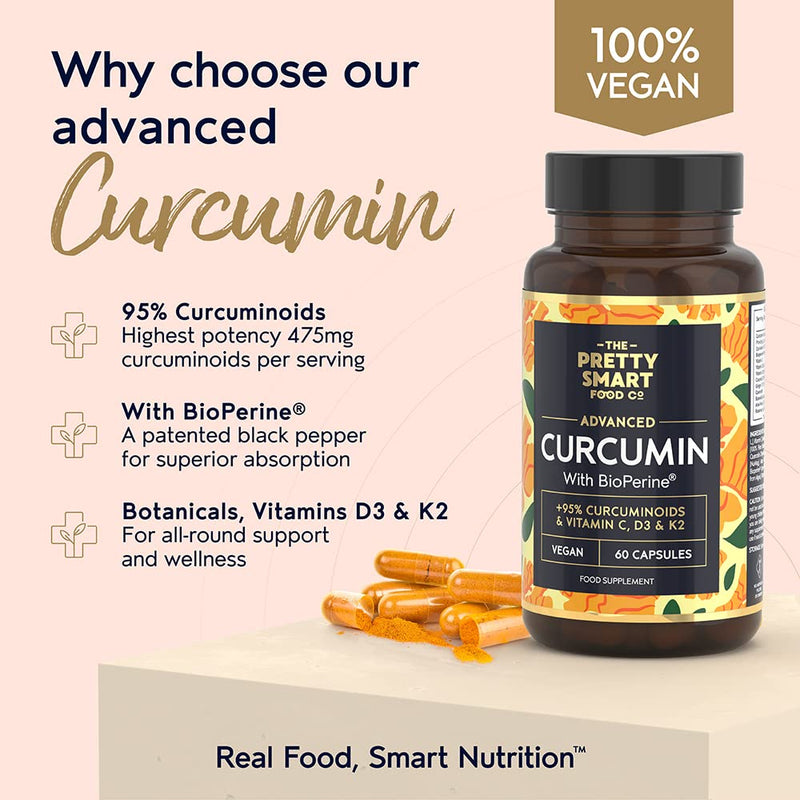 Powerful Curcumin 95 & BioPerine - Turmeric Capsules High Strength with Black Pepper - High Absorption 95% Curcuminoids - With D3, K2, Coconut & Botanicals - 60 Capsules (not tablets) - Made in The UK - BeesActive Australia