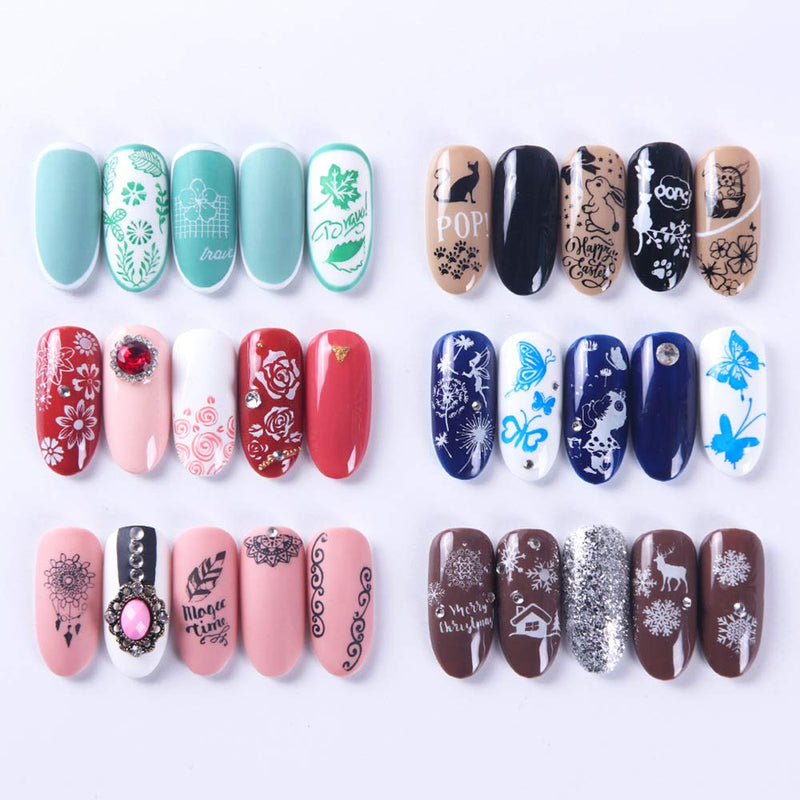 Newest Nail Stamping Plates Kit Sets 6pcs Nail Art Stamp Templates Image Plate Free Stamper & Scraper Nail Art Tools (Flower Series) Flower Series - BeesActive Australia