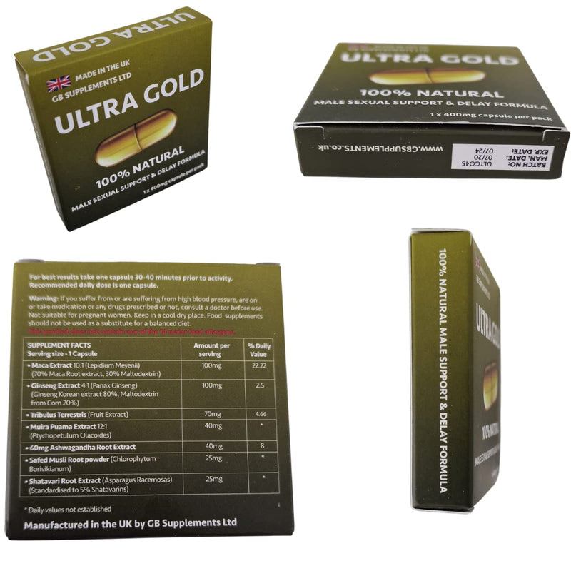 12 x Ultra Gold high strength capsules with Delay, 100% Herbal sexual support supplement for men! Stamina, Libido, Endurance support - BeesActive Australia