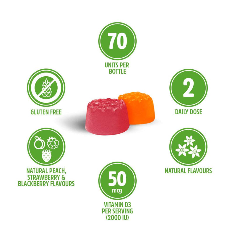 VITALDIN Vitamin D3 Gummies � 2.000 IU per Serving � 70 Chewable Gummies (1-Month Supply); Fruit Flavour � Vitamin D for Bone Health & Immune System Support � Gluten Free � for Kids & Adults - BeesActive Australia