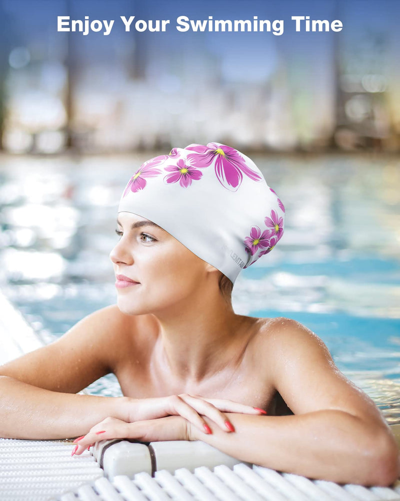 SYLEMTAM Swim Cap Women, Silicone Swimming Caps for Long Hair Anti Slip Waterproof Swim Caps for Womens Adult, Comfortable Bathing Cap Swimming Hats Fit for Curly Short Medium Long Thick Hairs Daisy - BeesActive Australia