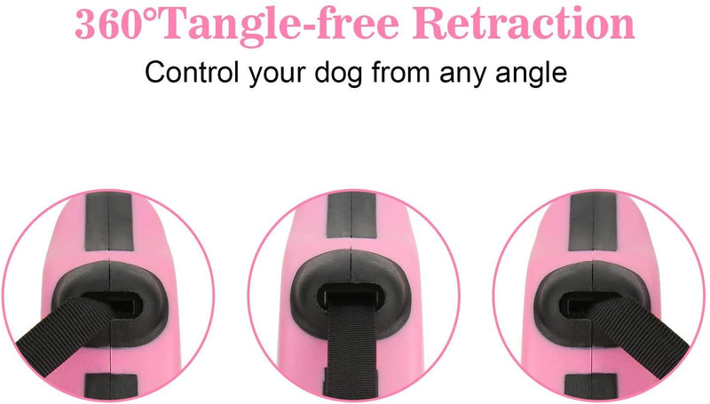 Retractable Dog Leash with Non-Slip Handle, Walking Leash for Small/Medium/Large Dog or Cat, Tangle Free Strong Nylon Tape, One-Handed Brake, Pause, Lock Pink S - BeesActive Australia