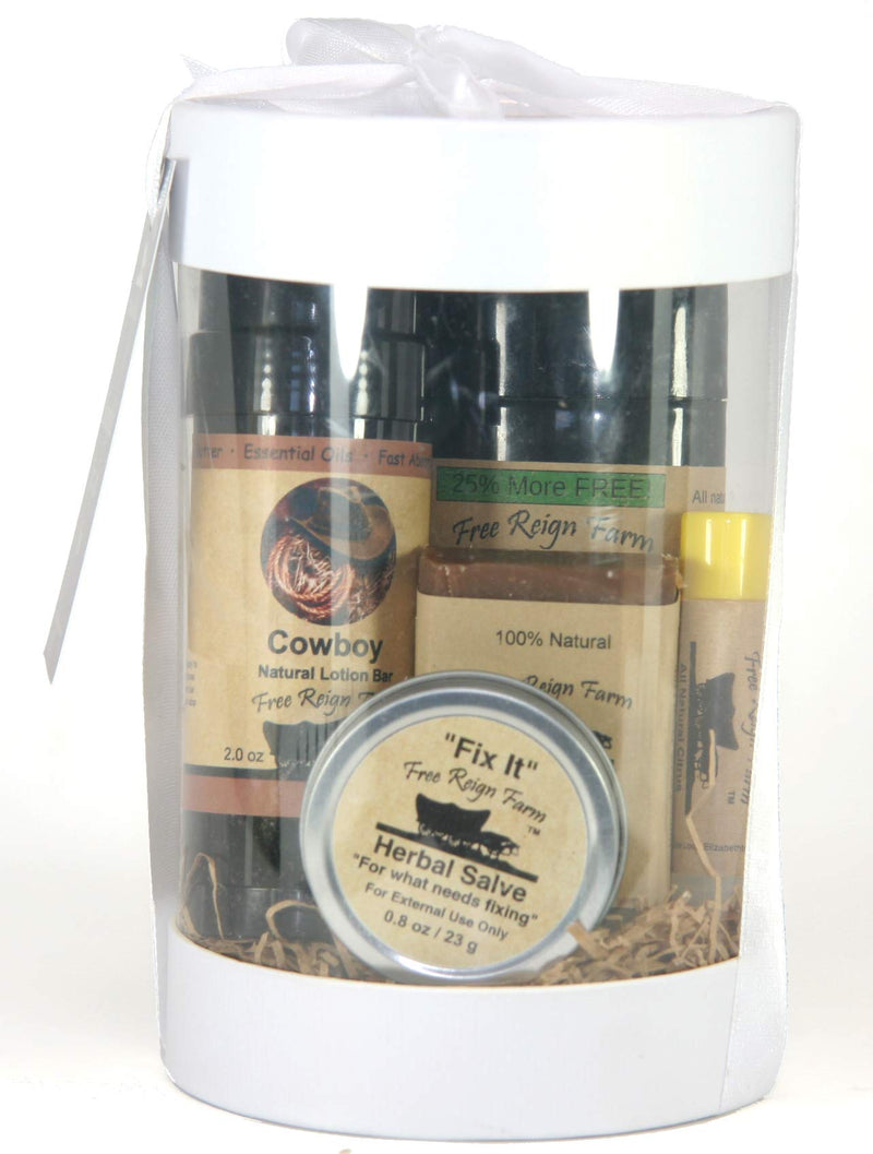 Natural Products Toiletry Kit For Men; Pitt-Stop Deodorant, Cowboy Lotion Bar, Cowboy Soap Half Bar, Citrus Lip Balm, Fix It Herbal Salve - BeesActive Australia
