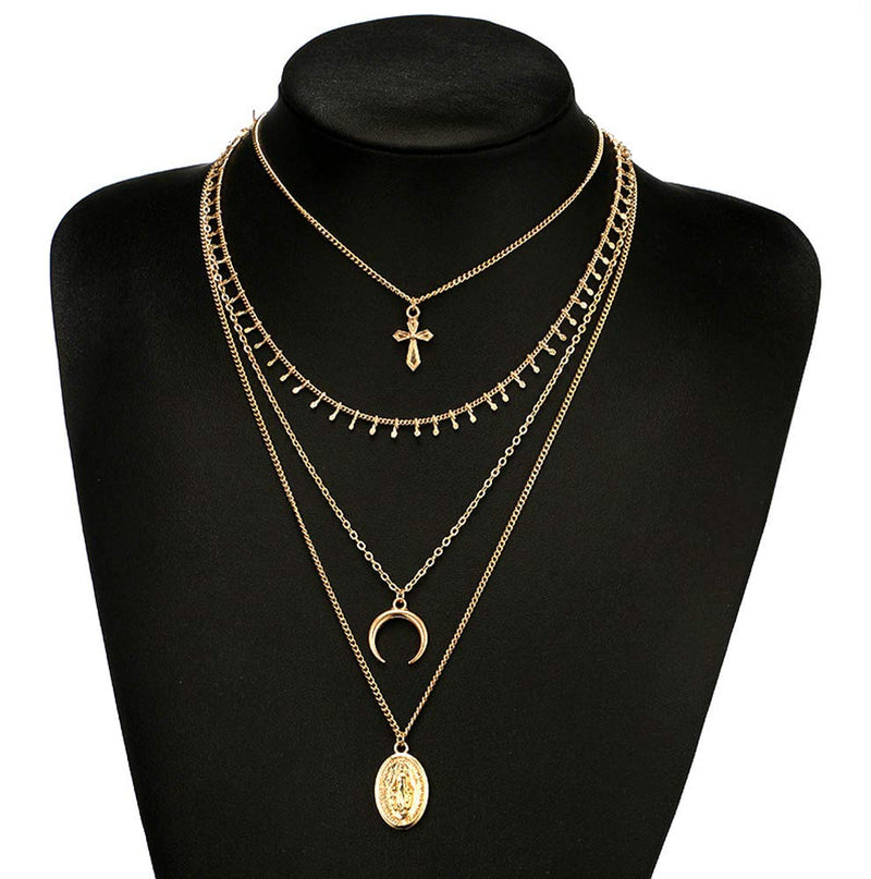 Jovono Gold Cross Choker Necklace Multilayered Crescent Moon Jesus Pendant Necklace Jewelry Chain for Women and Girls - BeesActive Australia