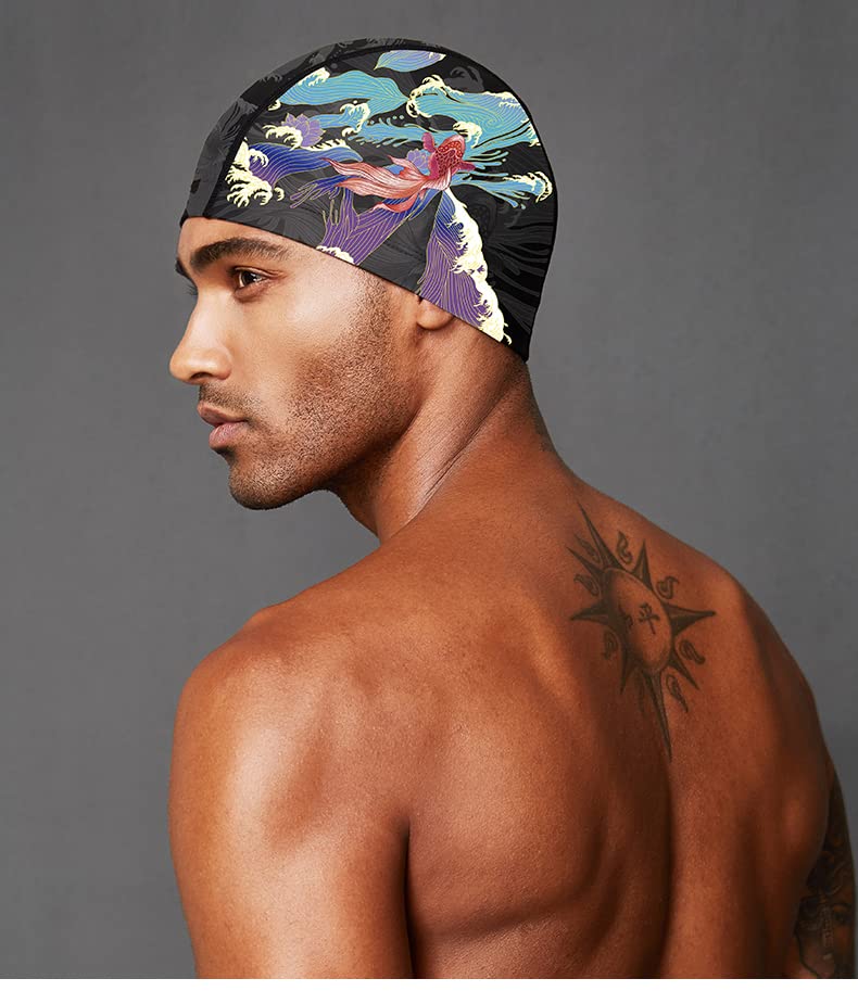 Men Swimming Cap Elastic Fabric Adult Swimming Cap with Myth Images Large Size Waterproof Bath Cap Cover Ear Youth Teens Boy Ladies Beach Water Sports Cap Breathable Hair Dry Hat for Long Short Hair black goldfish - BeesActive Australia