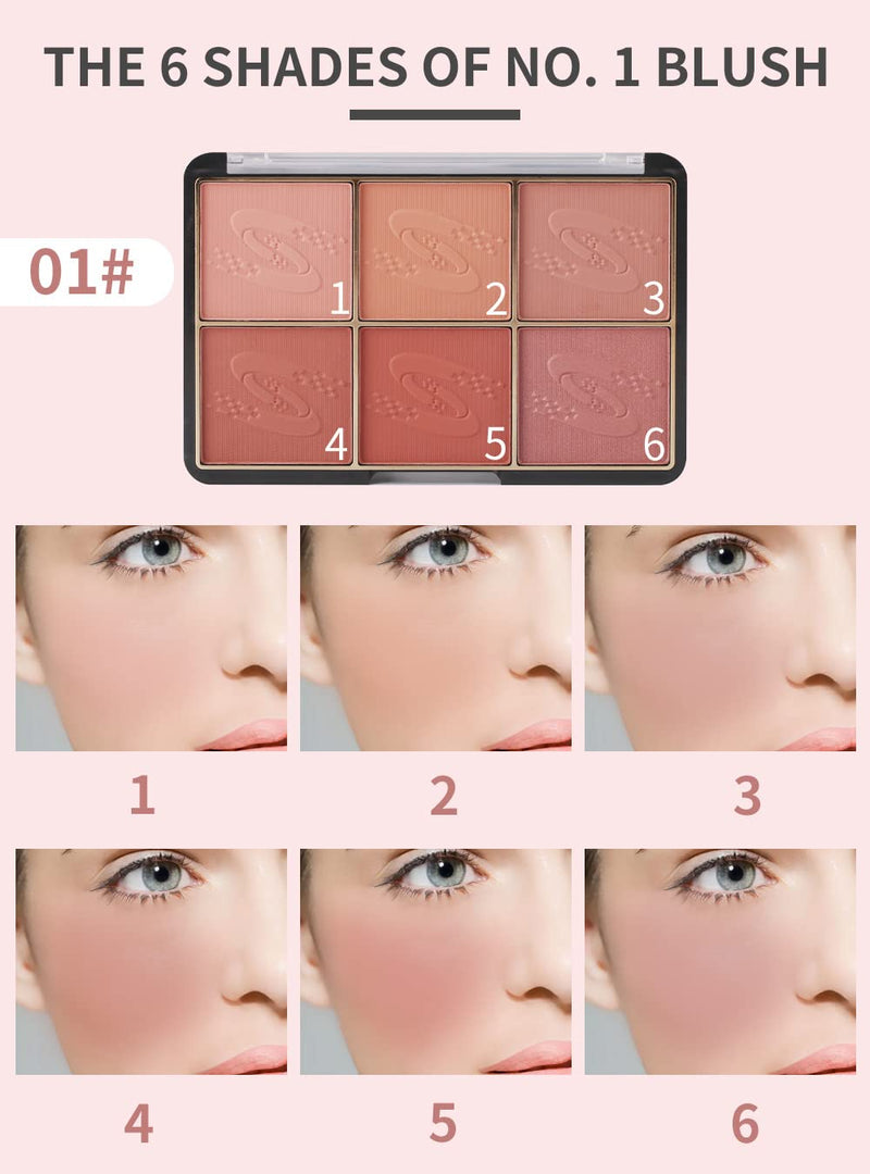 Mysense 6 Colors Face Blush Palette,Light Shimmer Matte Contour Blush Makeup Palette,Bright Powder Mineral Blusher-01 Face Blush 01 - BeesActive Australia