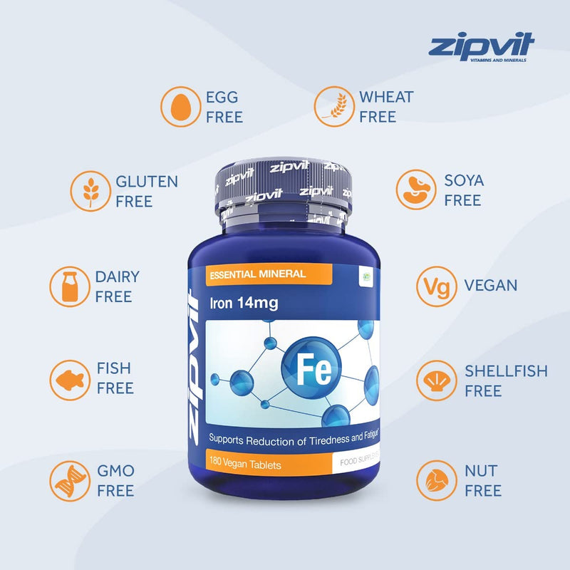 Iron Tablets 14mg, 180 Vegan Tablets. Supports Cognitive Function and The Immune System. Reduces Tiredness and Fatigue. Vegetarian Society Approved. - BeesActive Australia