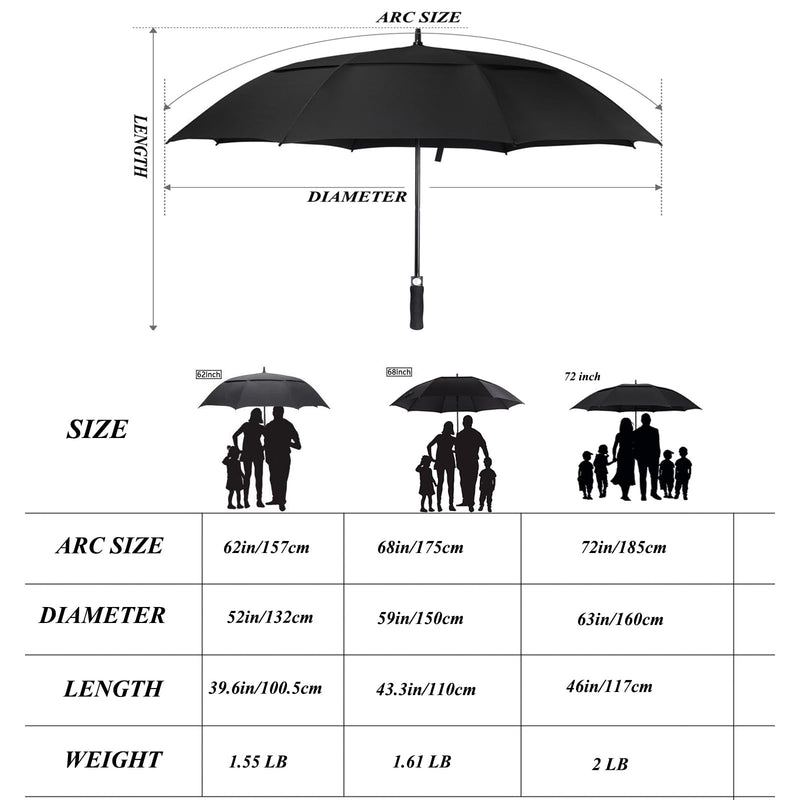 ACEIken Golf Umbrella Large 58/62/68 Inch Automatic Open Golf Umbrella Extra Large Oversize Double Canopy Vented Umbrella Windproof Waterproof for Men and Women Black 62 inch - BeesActive Australia