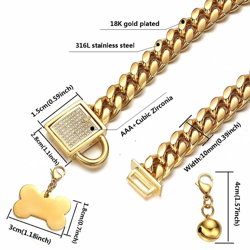 Aiyidi Gold Dog Chain Collar 10mm Wide Cuban Link Puppy Collar Golden Dog tag Golden Bell Stainless Steel with Bling Cubic Zirconia Secure Buckle Choke Collar for Dogs(10'') 10inch(for 8-9.5inch dog's neck) - BeesActive Australia