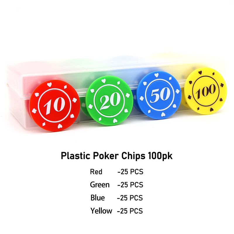 Nurlean 100 Plastic Poker Chips Set with Storage Box,Denomination Printed Casino Style Chip for Texas Holdem Home Game Nights,or Roulette Games,Casino Parties Small Face Value - BeesActive Australia