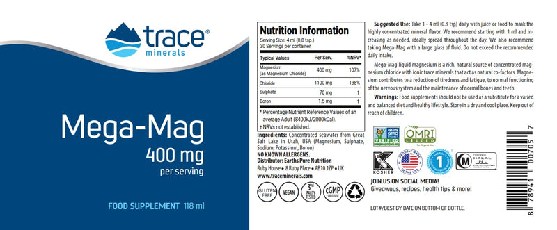 Trace Minerals Mega-Mag Magnesium Supplement - 4Fl Oz Low Sodium Dietary Supplement - Ultra-Concentrated 400mg - BeesActive Australia