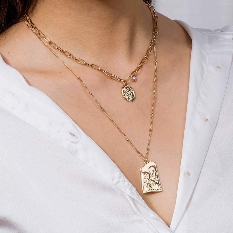 fxmimior 2 Tier Dainty Thick Pearls Coin Pendant Gold Layered Necklace Long Chain Multilayer Punk Necklace Set Jewelry for Women Lady Girls Gift Jewelry - BeesActive Australia