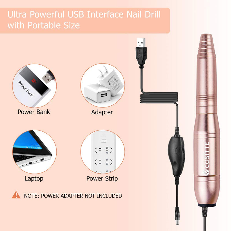 COSITTE Electric Nail Drill, USB Electric Nail Drill Machine for Acrylic Nails, Portable Electrical Nail File Polishing Tool Manicure Pedicure Efile Nail Supplies for Home and Salon Use, Gold - BeesActive Australia