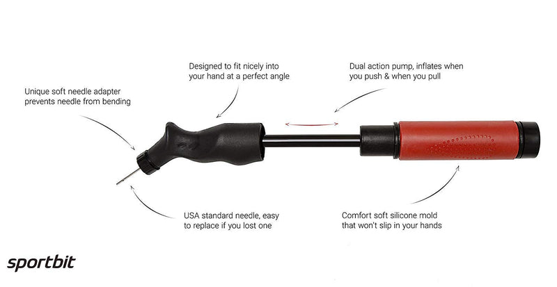 SPORTBIT Ball Pump with 5 needles - Push & Pull Inflating System - Great for All Sports balls - Volleyball Pump, Basketball Inflator, Football & Soccer Ball Air Pump - Goes with Needles Set and E-Book - BeesActive Australia