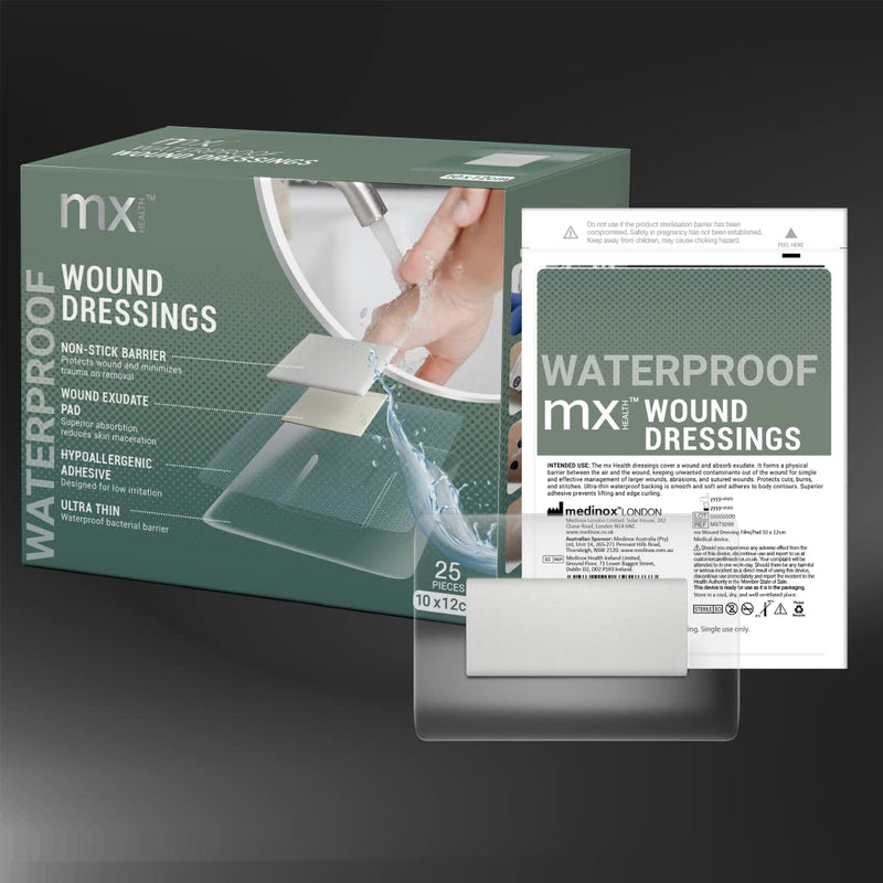 mx HEALTH Waterproof Wound Dressing Film+PAD - 10X12CM (5X6CM Wound PAD) - 25 Individually Wrapped DRESSINGS PER Box - BeesActive Australia