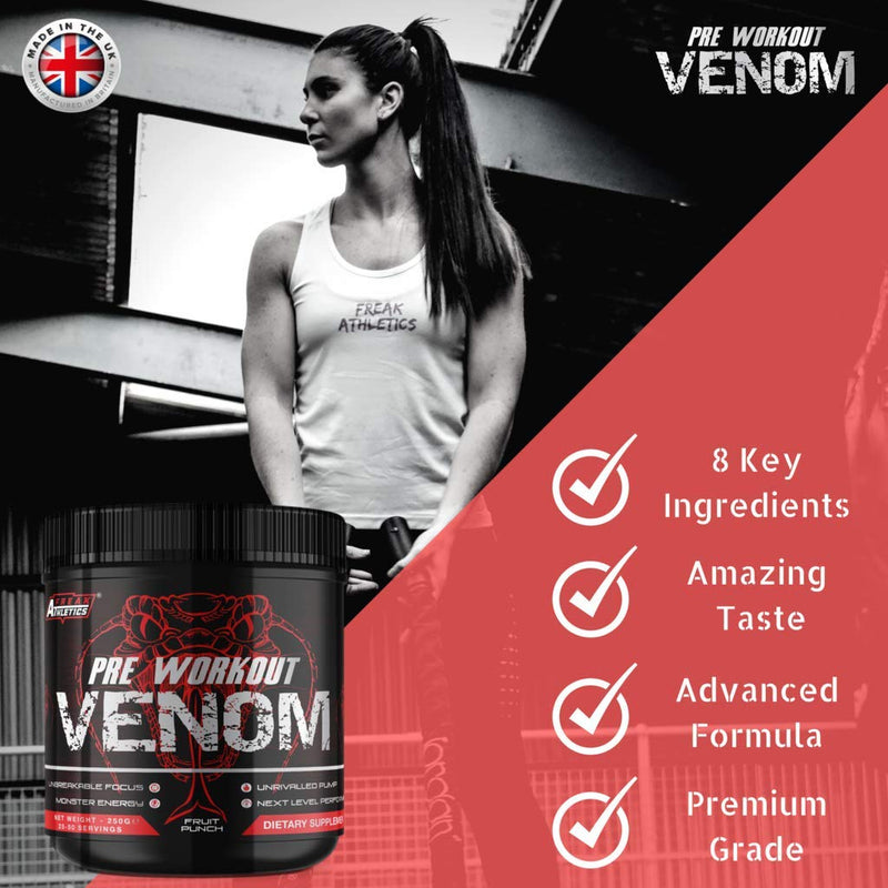 Pre Workout Venom 'Fruit Punch' - Pump Pre Workout Supplement by Freak Athletics - Elite Level Pre Workout Supplement - Pre Workout Powder Made in The UK - Available in Fruit Punch - BeesActive Australia