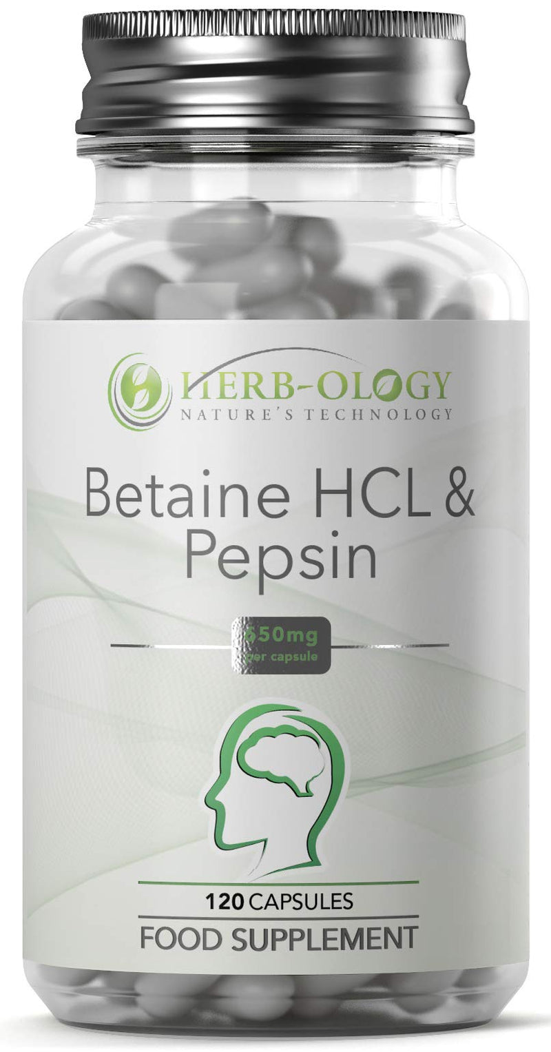 Herb-Ology Betaine HCL & Pepsin Capsules | 120 Betaine Hydrochloride Supplements, 650mg per Capsule | Clean Fillers & Manufactured in The UK - BeesActive Australia