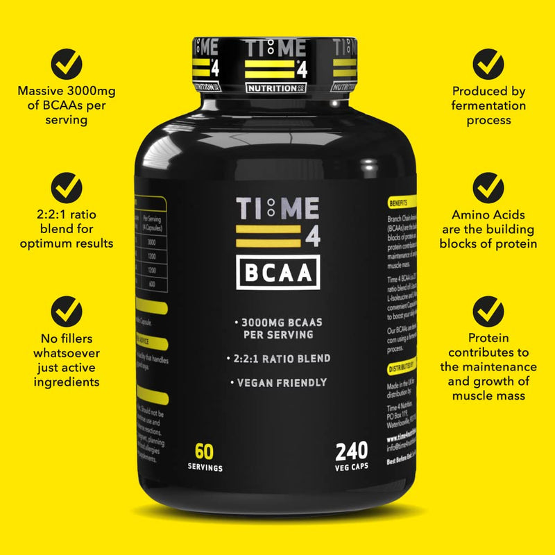 Time 4 BCAA - 240 Capsules High Strength Branch Chain Amino Acids Made By Fermentation Process for Muscle Growth, Tissue Repairing, & Energy Production Vegan BCAA Capsules Not BCAA Amino Acids Tablets - BeesActive Australia