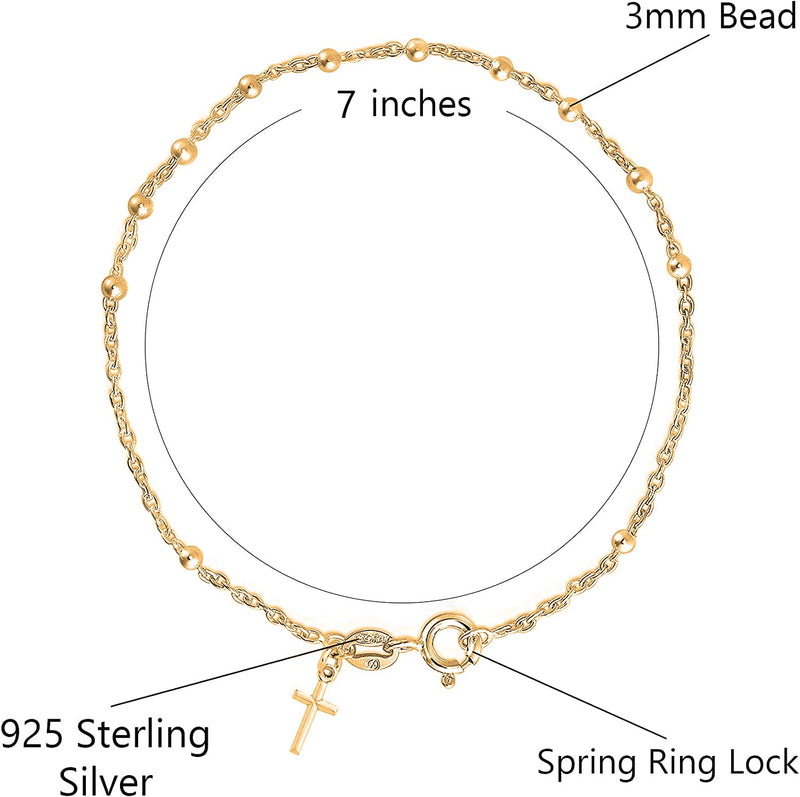 Savlano 925 Sterling Silver Italian Rosary Solid Bead Chain Cross Pendant - 18K Gold Plated 7 Inches Bracelet Comes With Gift Box for Women - Made in Italy 3MM - BeesActive Australia