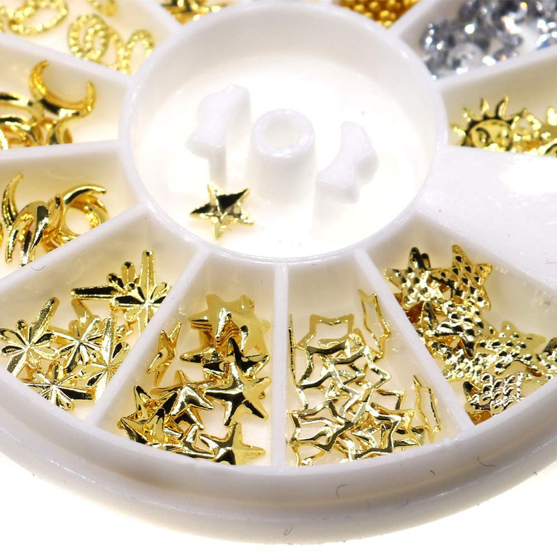 Nail Studs Gold Nail Charms Gold Metallic Nail Stud Star Moon Feather Nail Charm Kit 3D Nail Art Jewelry Decoration DIY Craft - BeesActive Australia