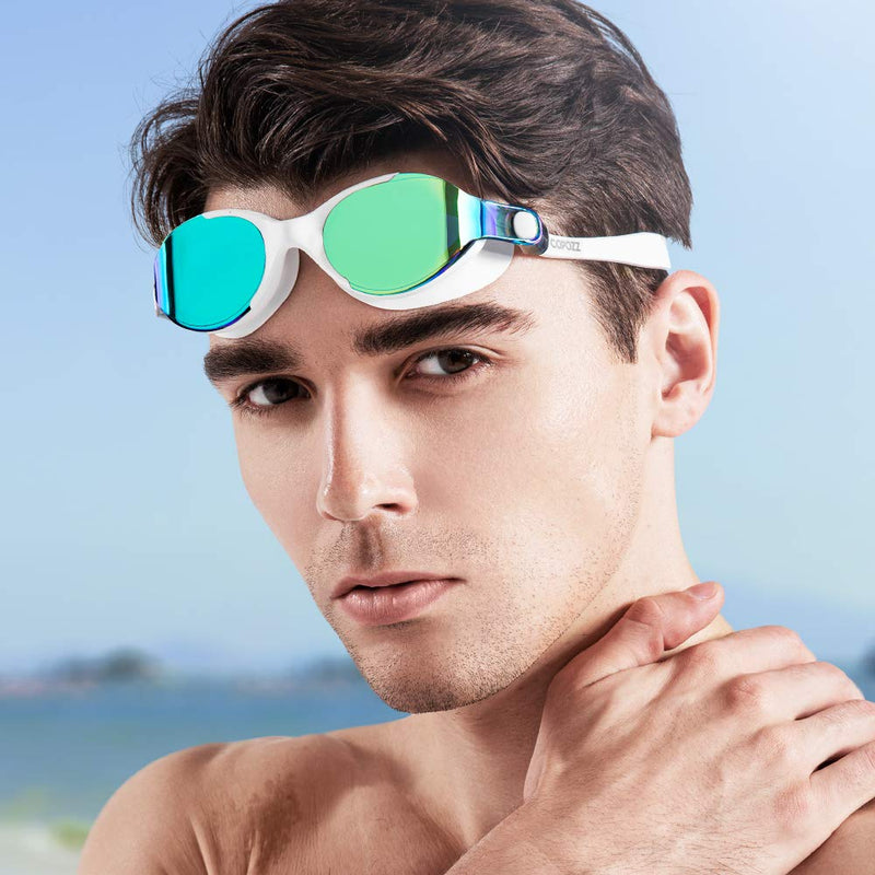 COPOZZ Upgraded Seal Swim Goggles, Swimming Reflective Mirror/Clear No Leaking Goggles White Frame Mirror Gold - BeesActive Australia