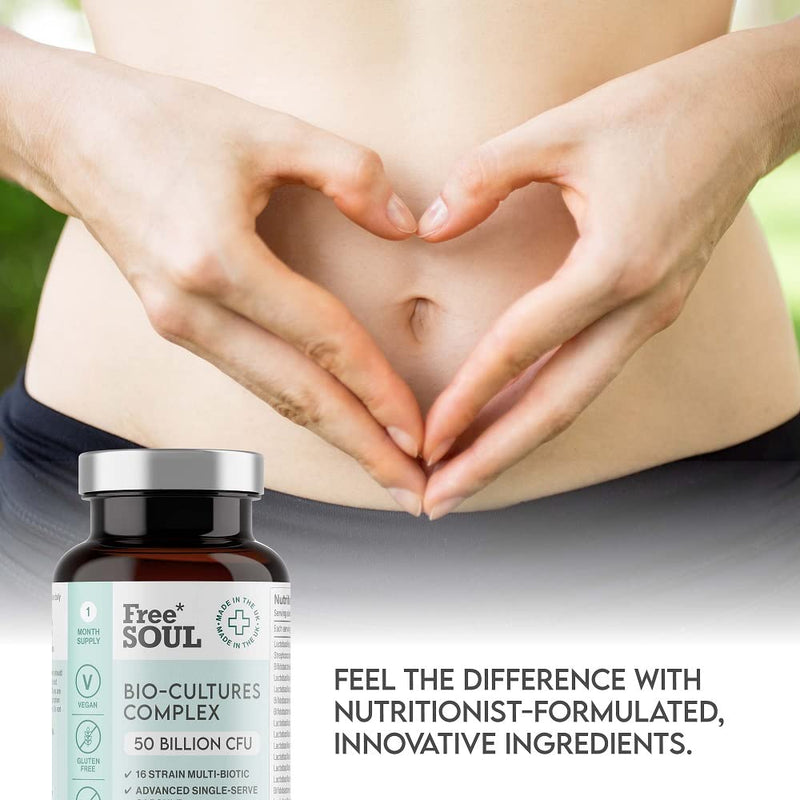 Super Strength 50 Billion CFU Advanced Pro Bio Cultures Complex with 16 Live Strains | Advanced Single Capsule Serving | Multi Strain Formula | Vegan Digestive Enzyme Supplement | UK Made - Free Soul - BeesActive Australia