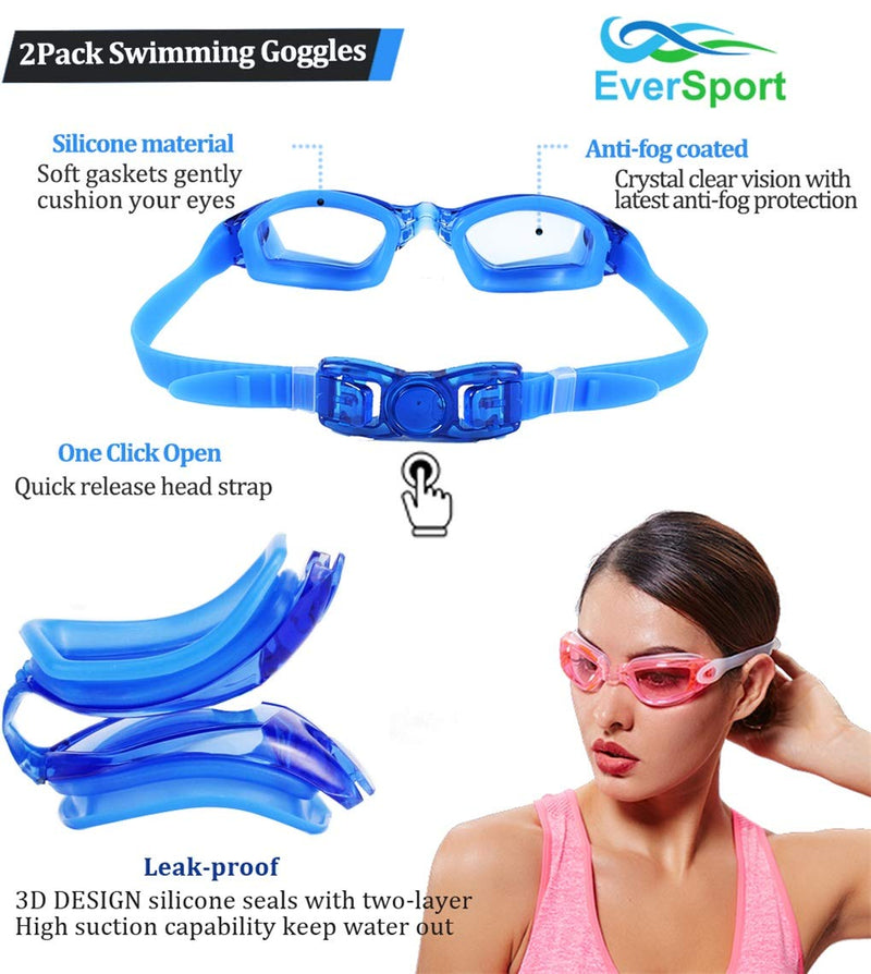 [AUSTRALIA] - EverSport Swim Goggles, Pack of 2 Swimming Goggles, Swim Glasses No Leaking Anti Fog UV Protection for Adult Men Women Youth Kids Child, Shatter-Proof, Watertight, Triathlon Goggle Mirrored/Clear Lens Blue & Pink 