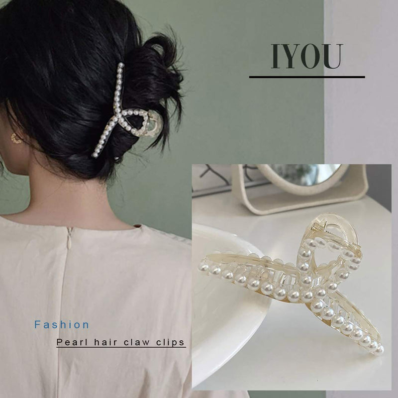 IYOU French Pearl Hair Claw White Large Plastic Banana Clips Hair Claw Clips Thick Nonslip Outdoor Hair Jaw Clips for Women and Girls(3Pcs) - BeesActive Australia