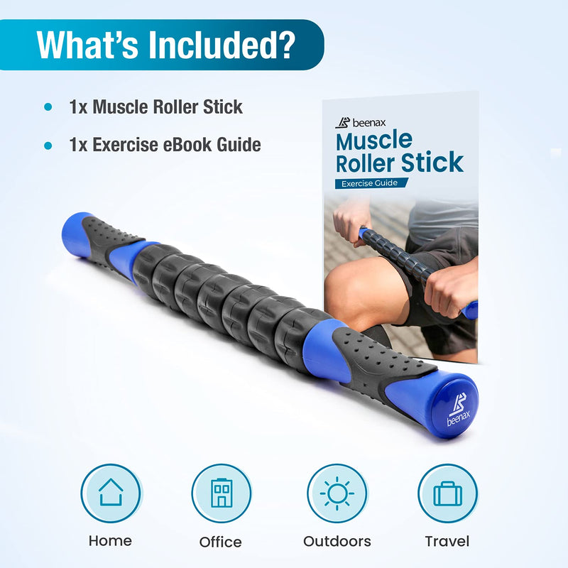 Beenax Muscle Therapy Massage Stick, 360� Tension Reduction - Ridged Gears for Trigger Points, Deep Tissue, Myofascial Release, Leg, Quads & Calf Tightness - Relieve Soreness, Cramps and Pain Blue - BeesActive Australia