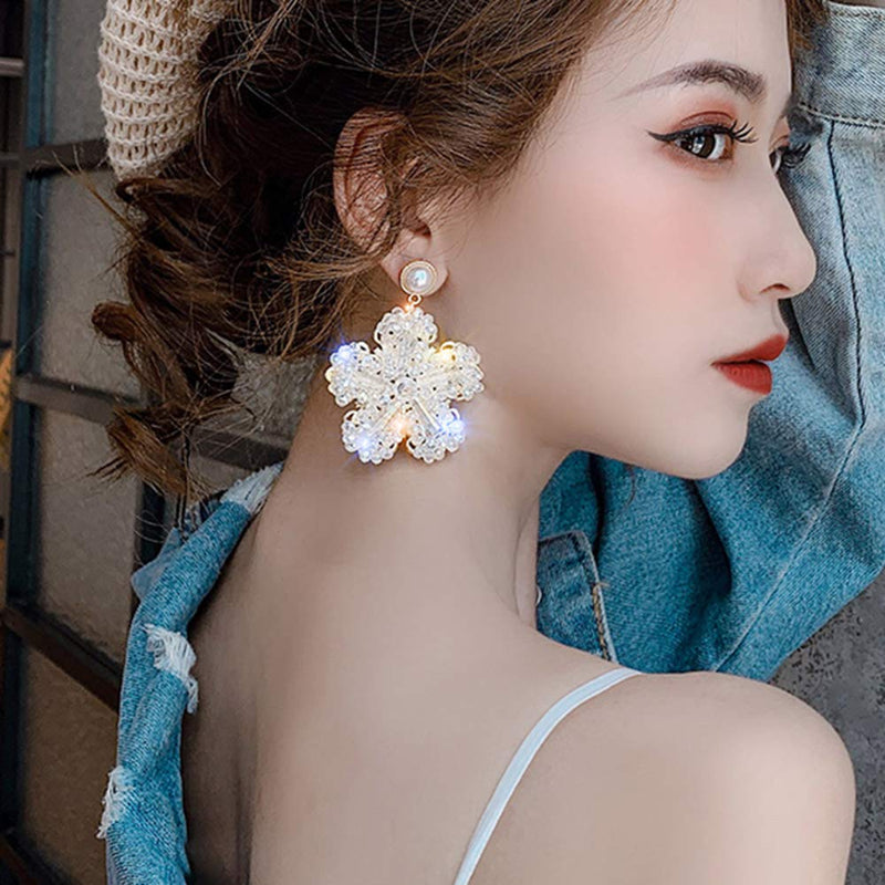 Xerling Floral Crystal Flower Dangle Drop Earrings Pearl Stud Earrings Bling Sparkling Big Flower Drop Earrings for Bridal Wedding - BeesActive Australia