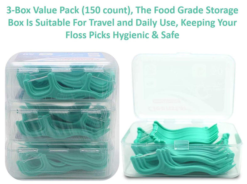 DenCare FDA & CE Certified 150pcs Mint Flavoured Floss Picks, Shred Resistant Floss Sticks,Tooth Picks,Teeth Cleaning Picks, Strong Dental Floss, Pack of 3 - BeesActive Australia