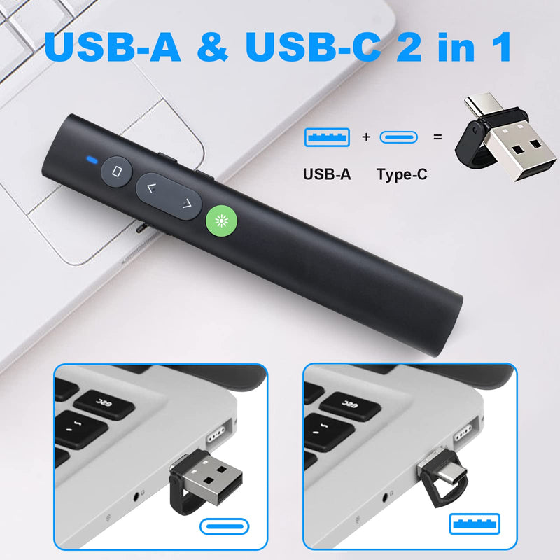 Rechargeable Presentation Clicker for PowerPoint Green Light Pointer, USB-A/USB-C Wireless Presenter Remote, Google Slide Advancer Smart Board Slideshow PPT Clicker for Mac/Laptop/Computer/Office - BeesActive Australia