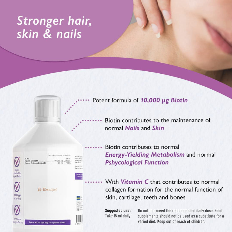 Swedish Nutra Liquid Biotin - Pack of 500ml, 33 Day Supply | Orange Flavour Biotin for Healthy Hair Clear Skin & Strong Nails | Contains Vitamin C & 100% Natural Flavour | High Absorption Rate - BeesActive Australia