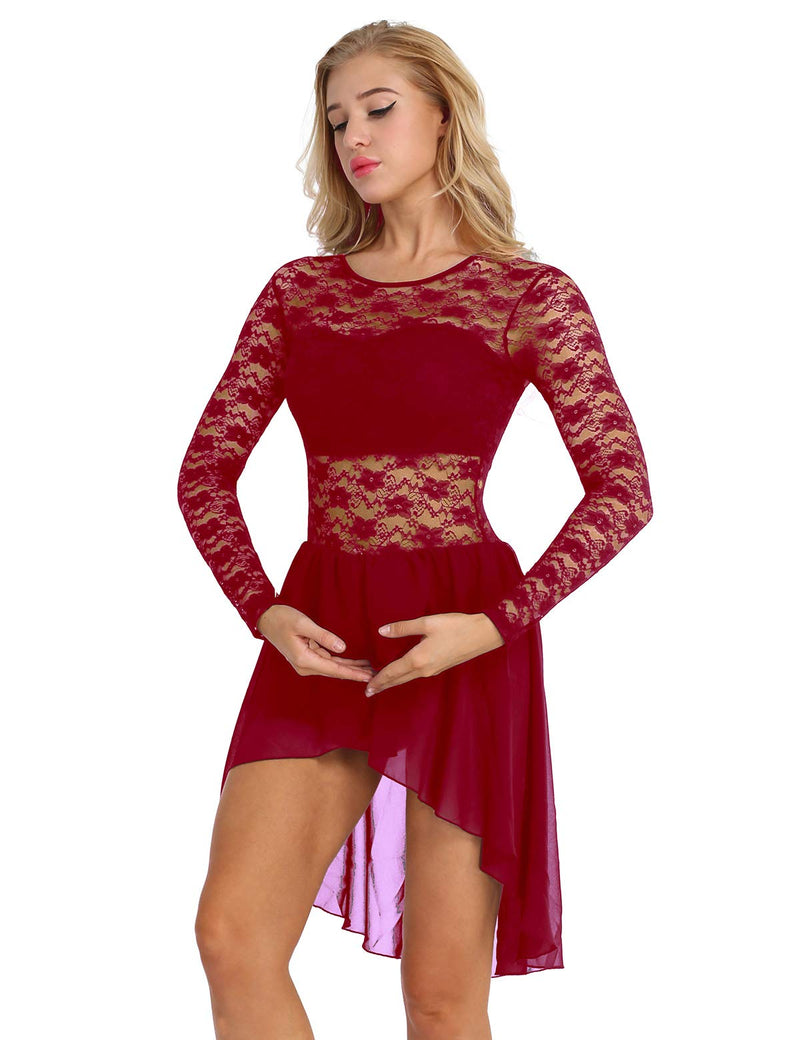 [AUSTRALIA] - iiniim Women Floral Lace High-Low Leotard Dance Dress Lyrical Modern Contemporary XX-Large Burgundy 