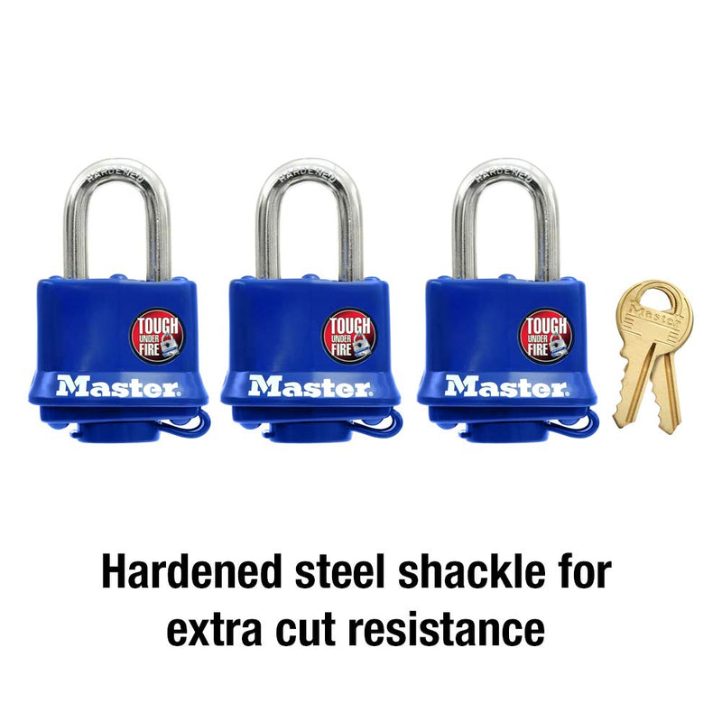 Master Lock 312TRI Laminated Padlock with Key & Thermoplastic Shell, Blue, Pack of 3 Keyed-Alike - BeesActive Australia