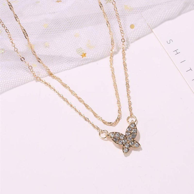 Missgrace Fashion Buttertfly Simple Dainty Layered Necklace Butterfly Rhinestones Pendant Necklaces Jewelry for Women and Girls - BeesActive Australia