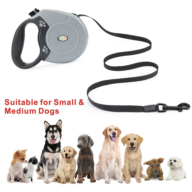 Idepet Heavy Duty Retractable Dog Leash for Small and Medium Dogs, Anti-Chewing Steel Chain 360 Degree Tangle-Free,Break and Lock System,16ft Leash for Dog Walking Grey Flat Rope - BeesActive Australia