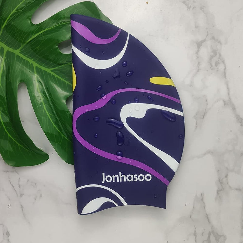 Jonhasoo Silicone Swim Cap for Women, Waterproof Long Hair Swimming Caps with Color Stripe Printed Navy - BeesActive Australia