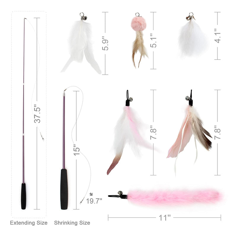 SONGWAY Interactive Cat Feather Toys - 7 Pcs Cat Toy Set, Retractable Cat Wand Toy, Teaser Refills Worm Bird Feathers with Bell, Cat Teaser Toys for Indoor Cats Kitten Play Chase Exercise, Light Pink - BeesActive Australia