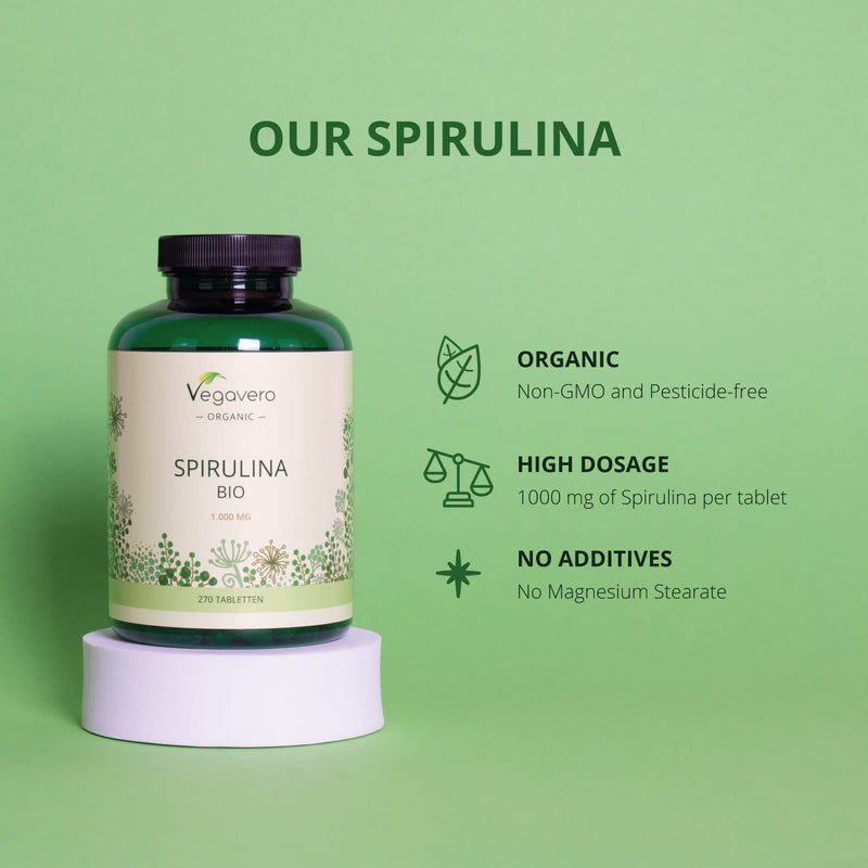 Spirulina Vegavero® | 100% Organic | 1000mg per Tablet | NO Additives | 270 Vegan Tablets | Rich Source of Protein, Vitamins & Minerals - BeesActive Australia