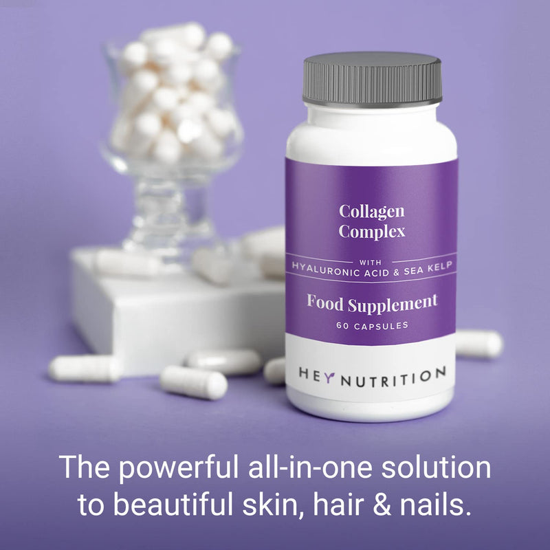 Hey Nutrition Collagen Complex Hyaluronic Acid & Sea Kelp Vitamin E, C, Biotin - Healthy Nails, Skin, Hair Joints Metabolism - Type 1 Marine Supplement - Non GMO, 60 Capsules 60 Count (Pack of 1) - BeesActive Australia