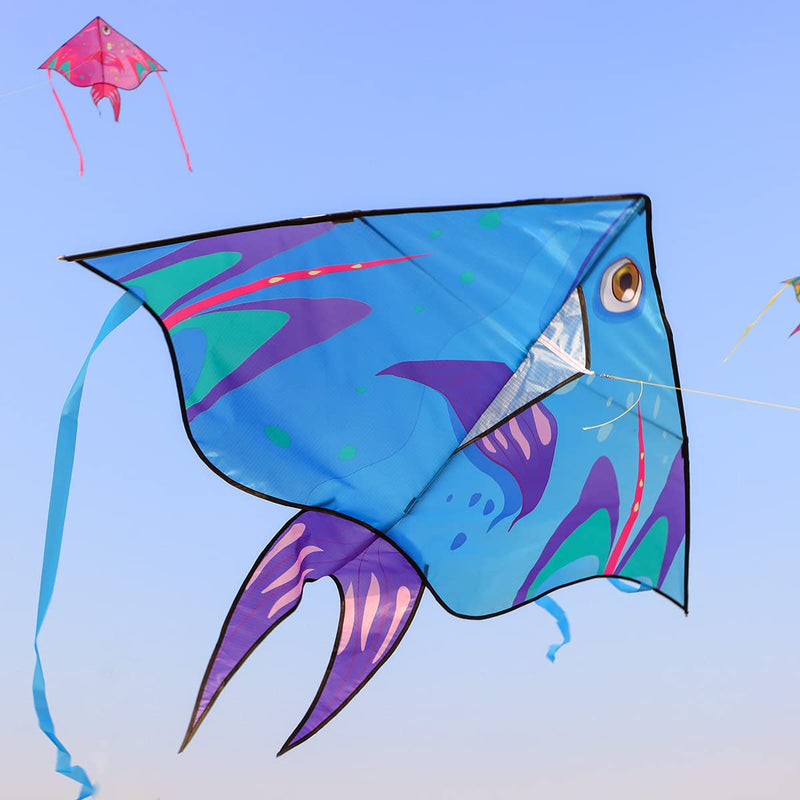 XENTUMI Fish Kite with String, Kites for Kids & Adults, Easy to Fly and Assemble, Beach Kite for Kids 4-8 8-12 Kites for Beginner Girls and Boys Delta Kites for Toddlers Age 3-5 Blue, Pink andYellow - BeesActive Australia
