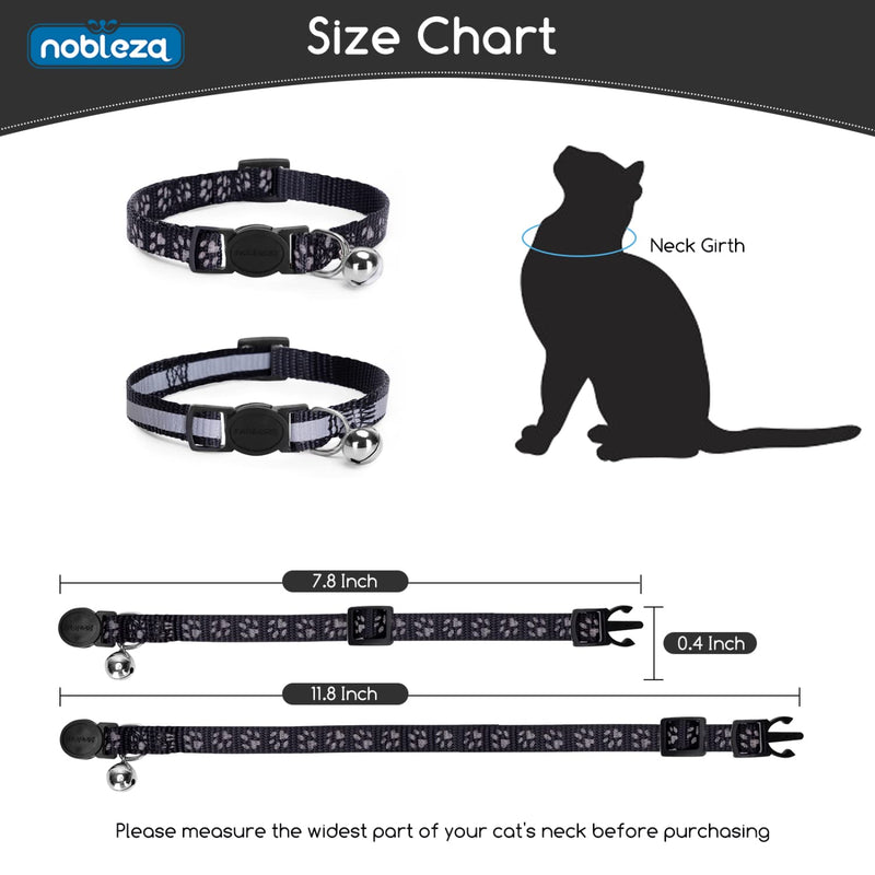 Nobleza Kitten Collar with Bell, 2 Pack Breakaway Cat Collars with Safe Quick Release Buckle, Paw Print & Strip Reflective Adjustable Soft Pet Collar Black - BeesActive Australia