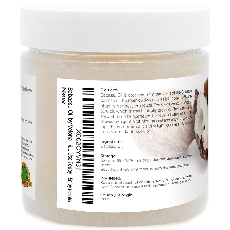 Babassu Oil by Velona - 4 oz | 100% Pure and Natural Carrier Oil | Refined, Cold Pressed | Face, Hair, Body & Skin Care and Cooking | Use Today - Enjoy Results - BeesActive Australia