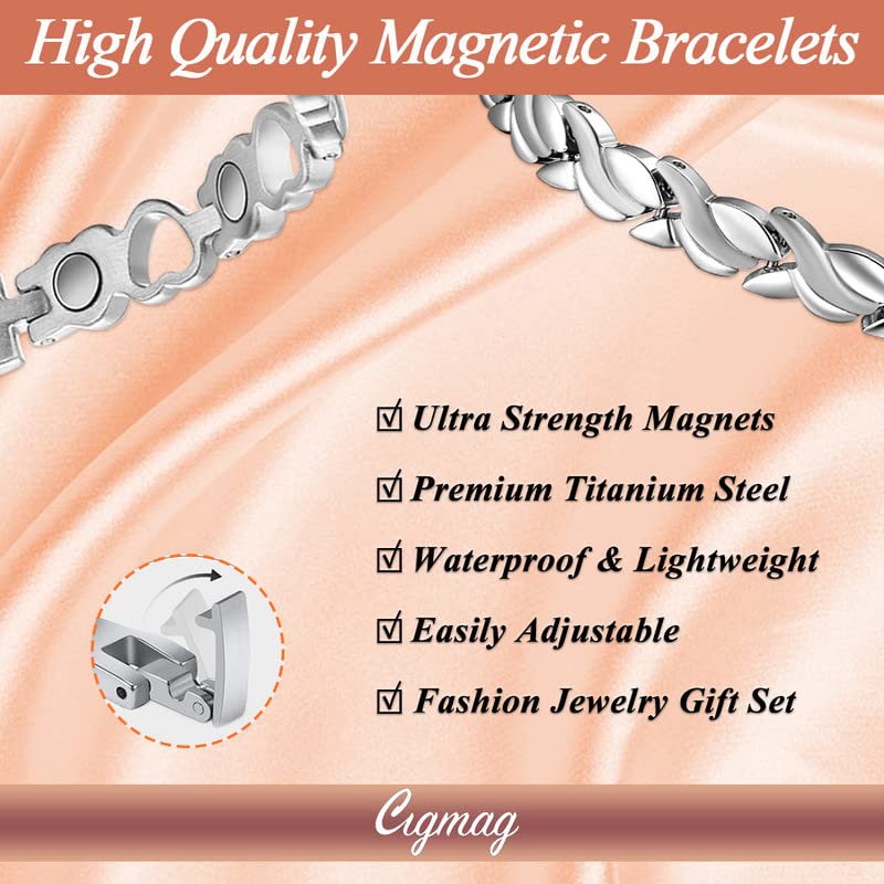 Cigmag 2PCS Magnetic Bracelets for Women Ultra Strength Magnet Titanium Steel Magnetic Brazaletes Set with Adjustable Tool and Gift Box for Mother's Day (Silver Fishtail & Love) 2pcs Silver Fishtail & Love - BeesActive Australia