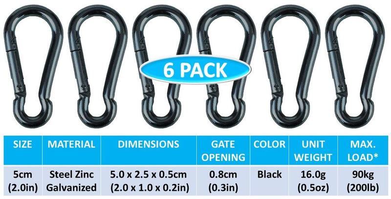 Branded Boards Black & Silver Heavy Duty Bushcraft Zinc-Galvanized Steel Carabiner Spring Snap Clip Link Hooks. 200-400lb Load. 6 Packs, 12 Packs and Variety Packs. Black-5cm-6 Pack - BeesActive Australia